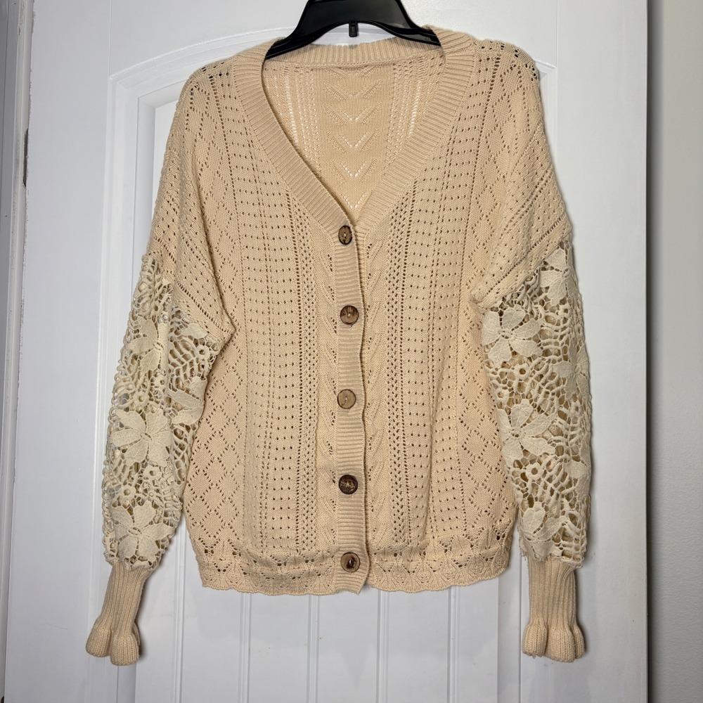Pointelle Cardigan Women Medium Beige Lace Sleeve Button Front Knit